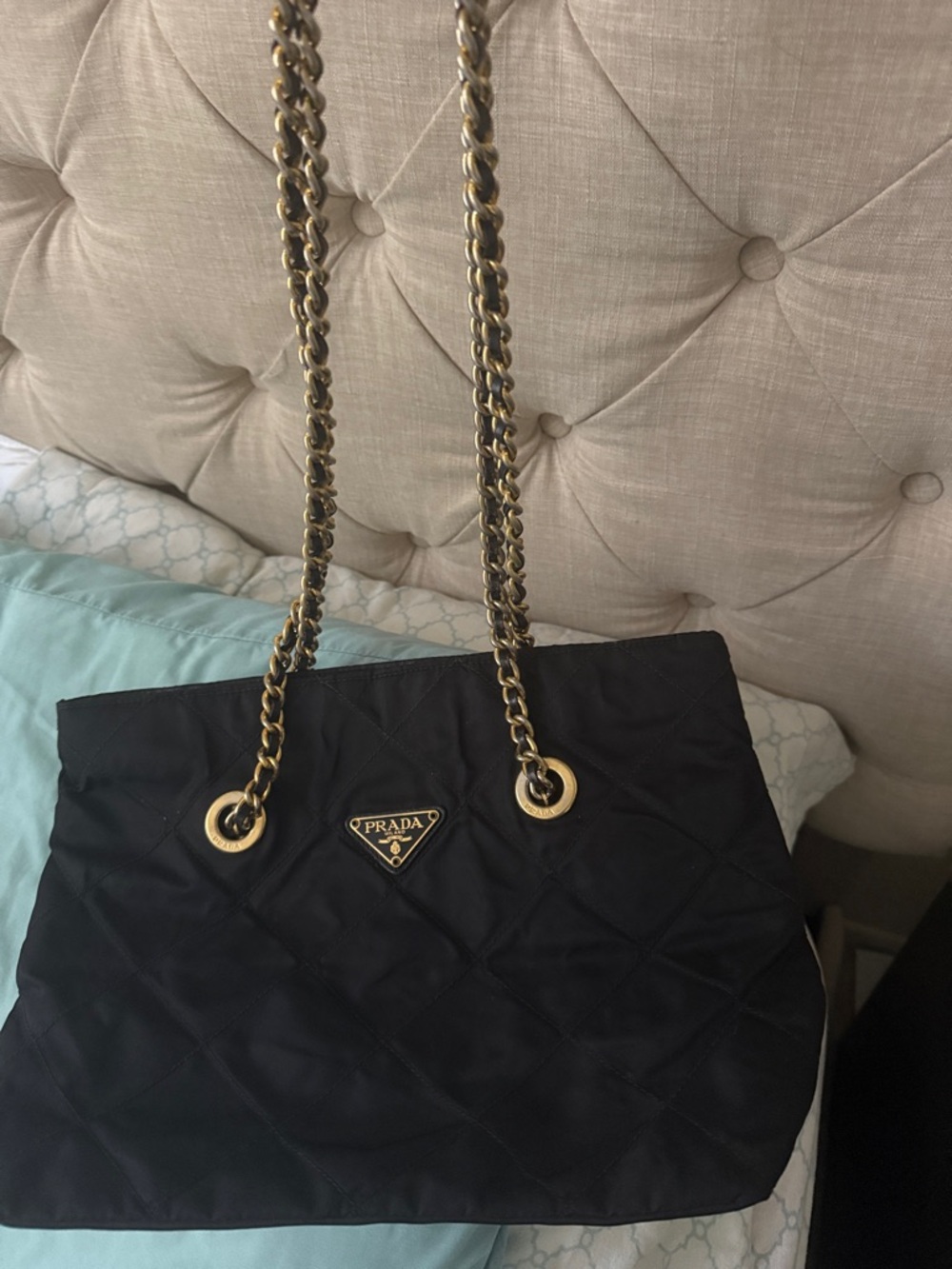 Prada Black Quilted Shoulder Bag with Gold Chain Straps